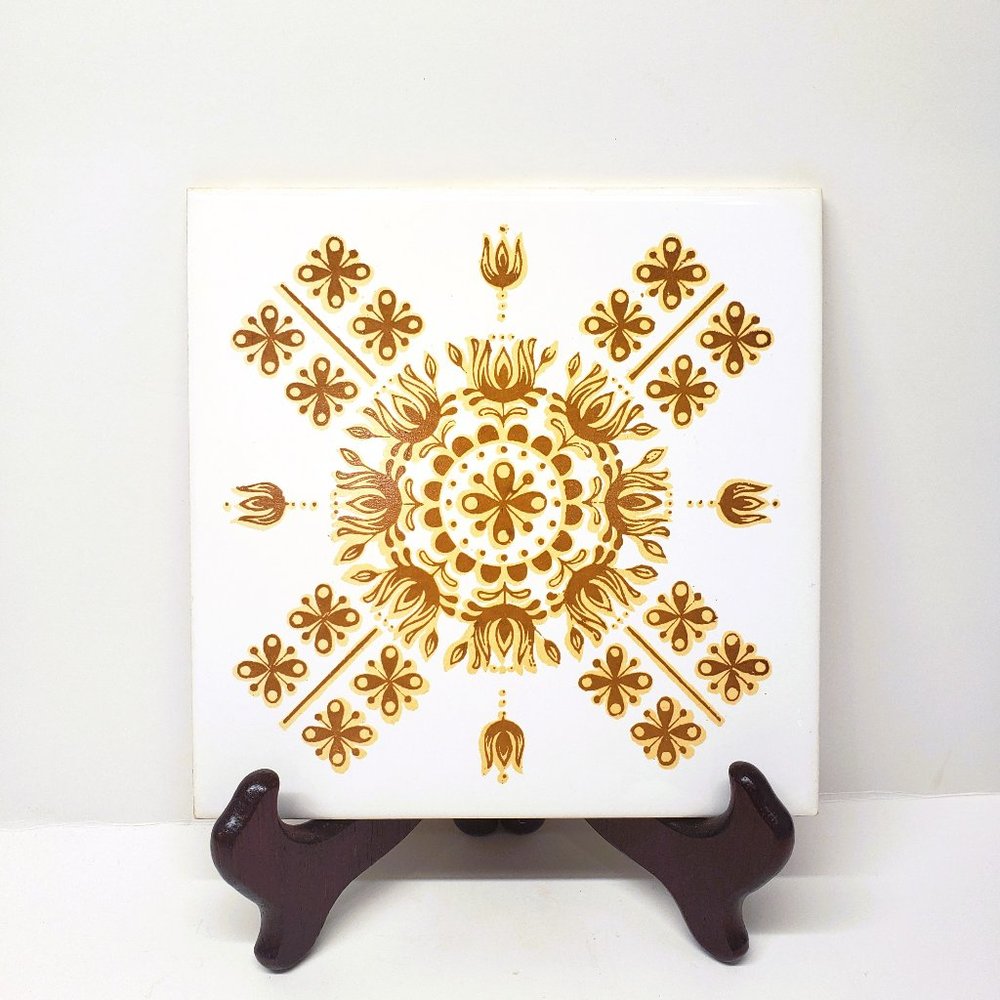 Japan FM Fish Brand 6" Tile Trivet Mustard Harvest Gold Retro Vintage Salvage